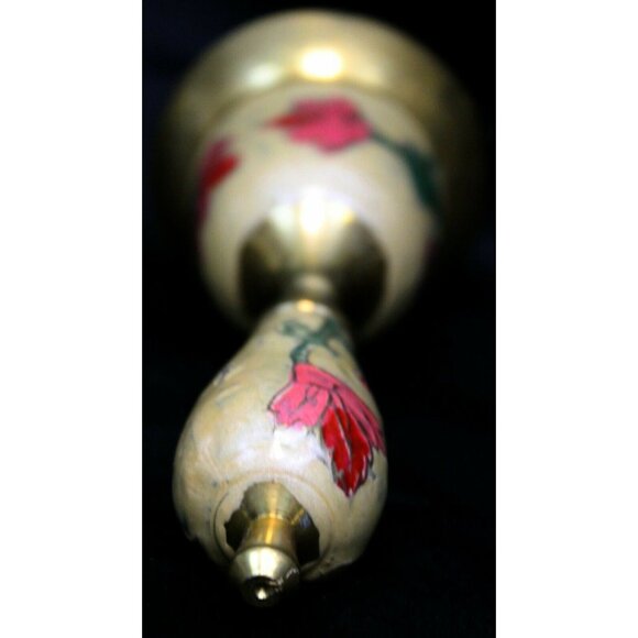 Metal Golden Brass Hand Bell Cream Enameled Pink Red Floral Pattern - Picture 11 of 12